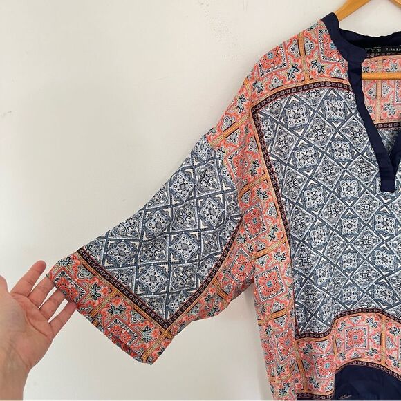Zara Multicolor Print 3/4 Kimono Sleeve Oversized Boho Vneck Tunic Blouse - Picture 8 of 11